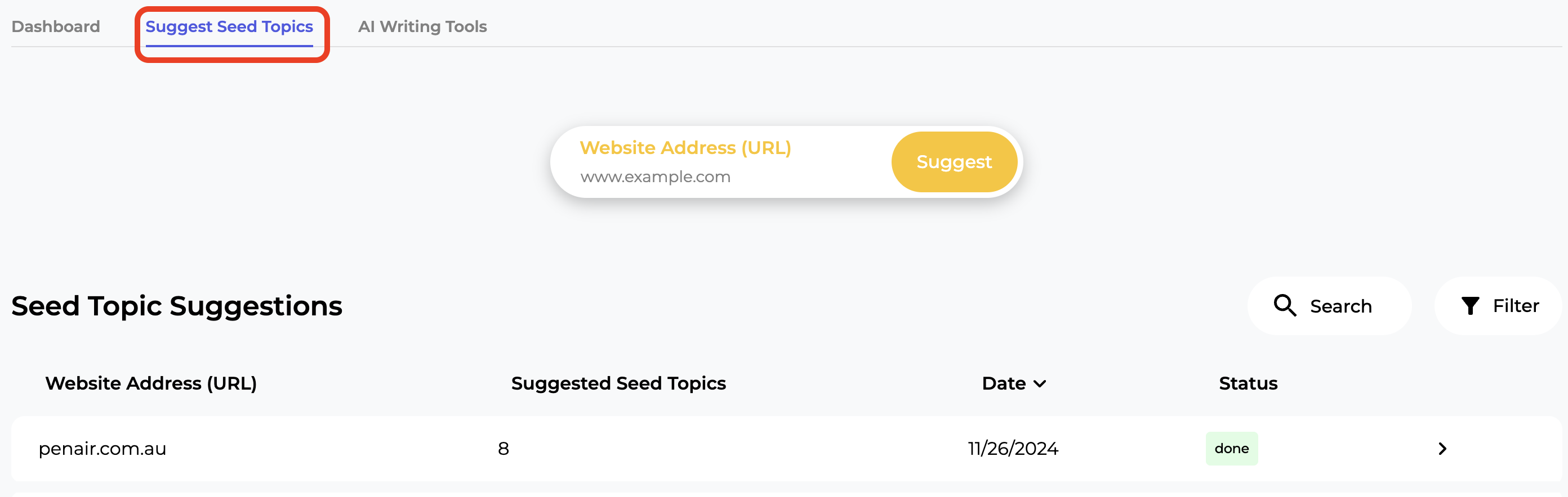 The Suggest Seed Topics tab in the SERP Gap Analyzer.