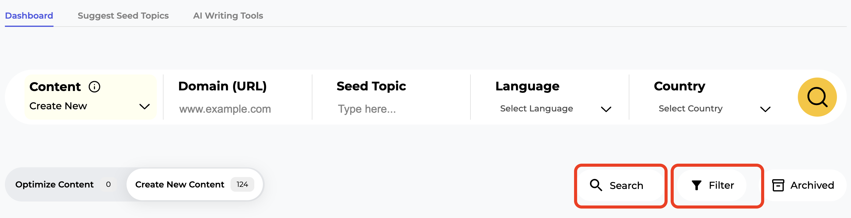 The search bar and filter button. 