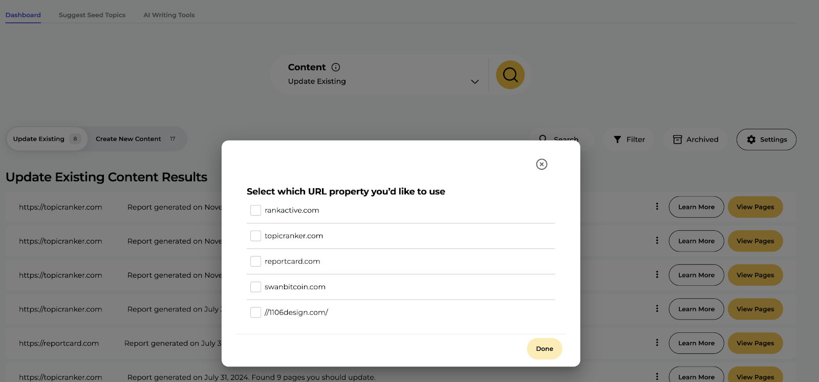 Select which Google Search Console property you want to optimize content for.