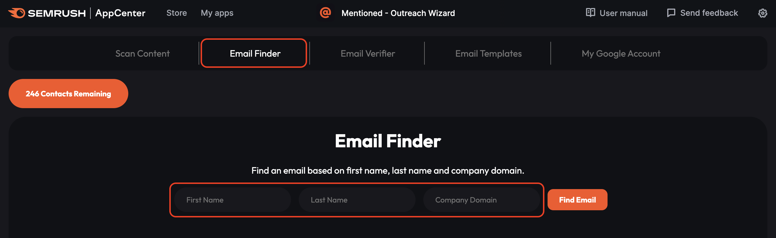 Enter the person’s first and last name and company domain to source their email address using the Mentioned - Outreach Wizard app.