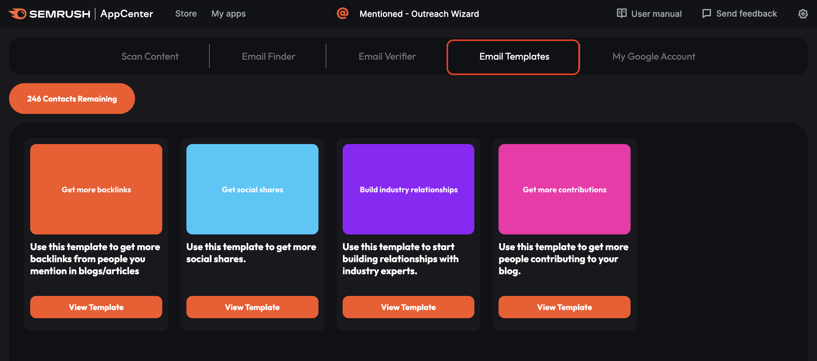 There are four email templates in the Mentioned - Outreach Wizard app to help you craft unique outreach messages.