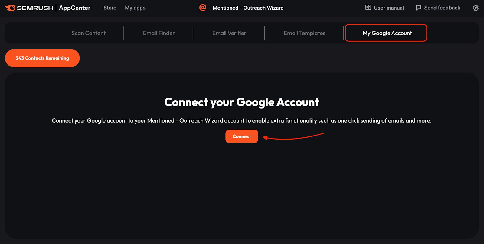 An example of the My Google Account section with the arrow pointing to the "Connect" button.