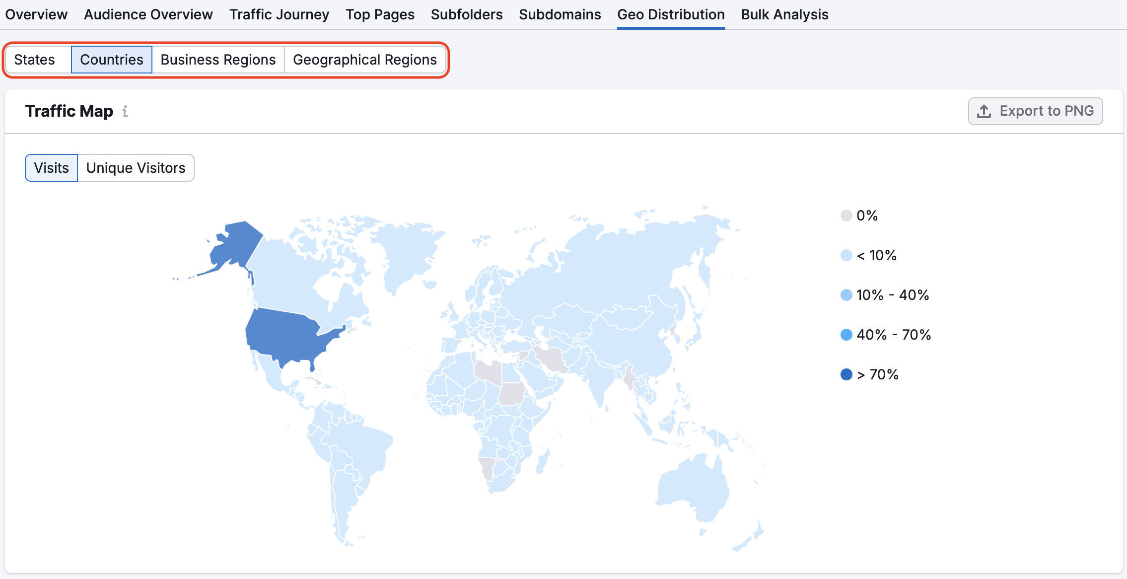 Geo Distribution map showing states, countries, business regions and geographical regions. 