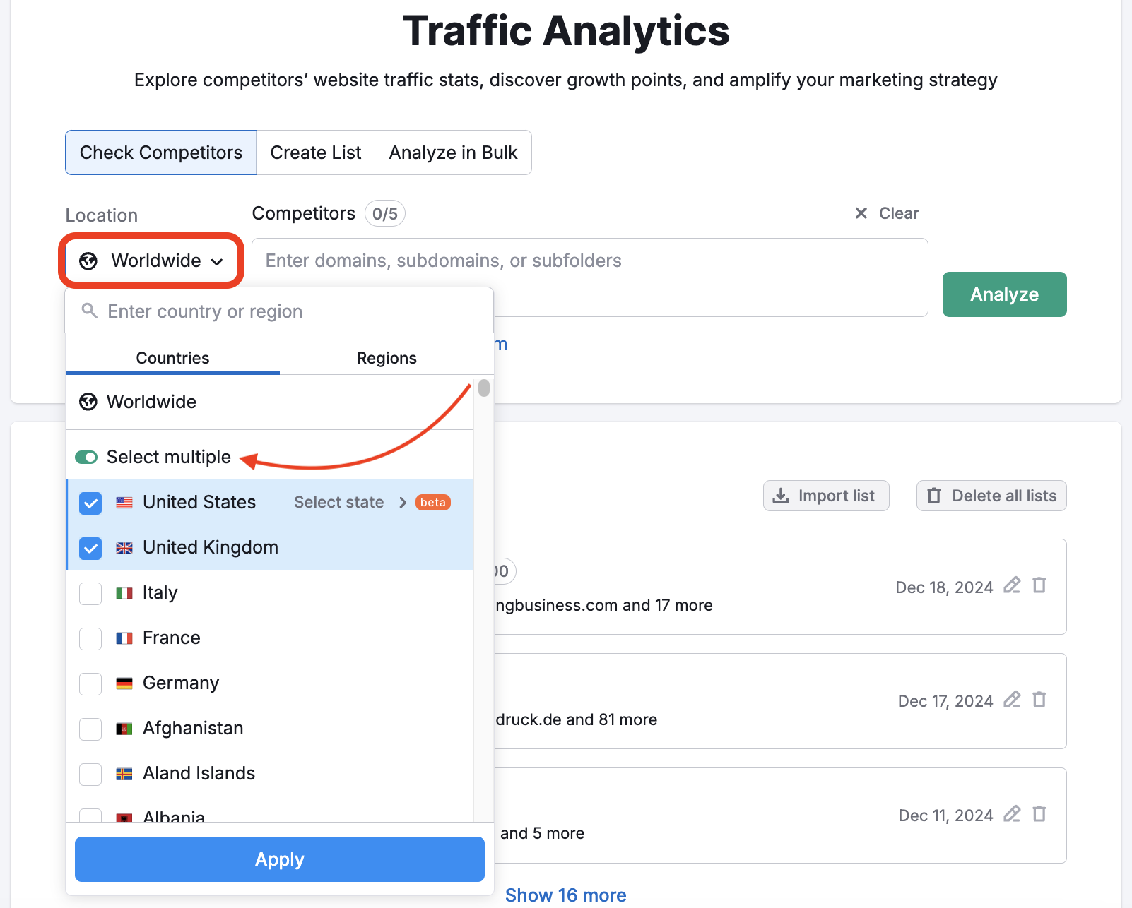 Traffic Analytics starting page with the Location drop down menu highlighted in a red rectangle. A red arrow points to the 'select multiple' toggle with the United States and United Kingdom checkboxes ticked. 