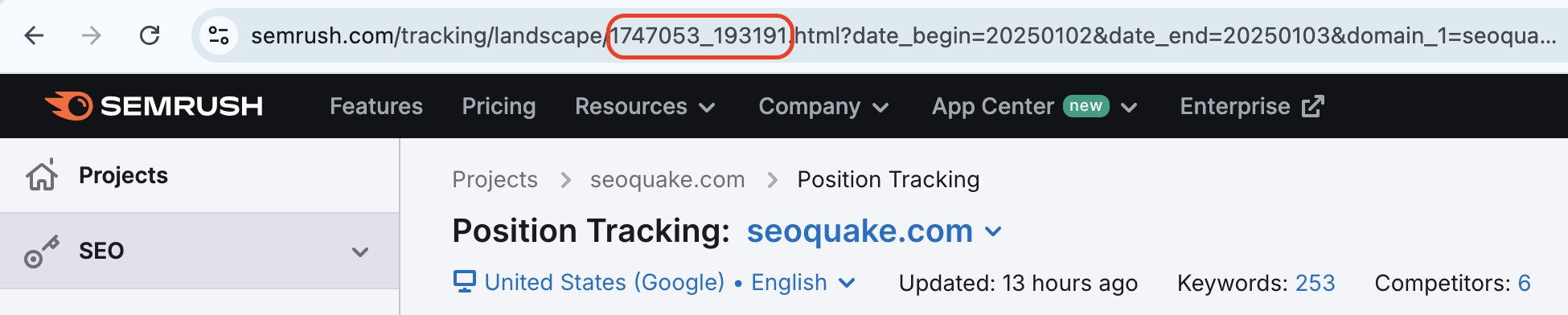 The top of the Site Audit tool inside the Semrush platform. A red rectangle highlights the campaign ID (4405196) in the URL of the page.  