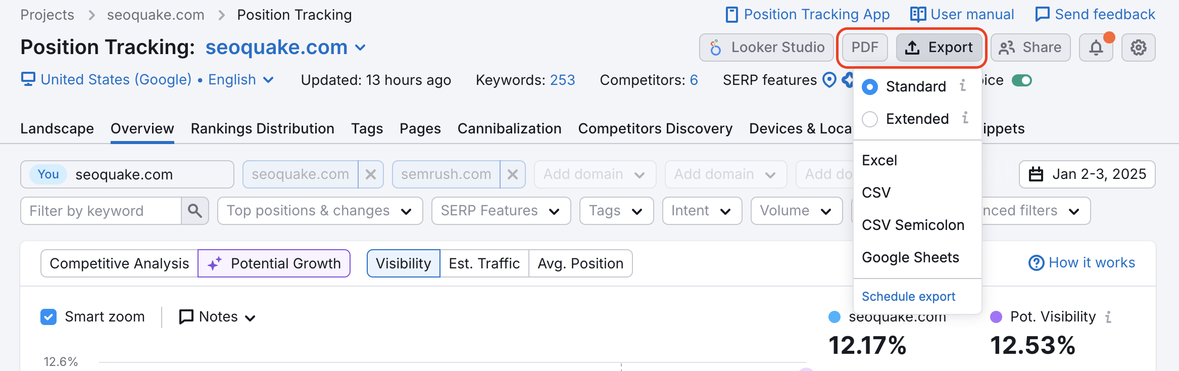 Options d’exportation dans Suivi de position : rapport PDF, Excel, CSV, et Google Sheets.