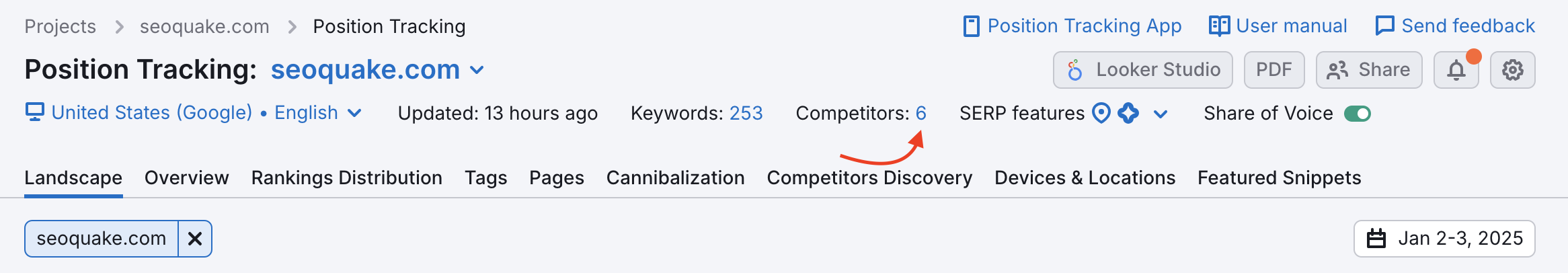 Position Tracking Landscape report. A red arrow is pointing at the Add option for Competitors.