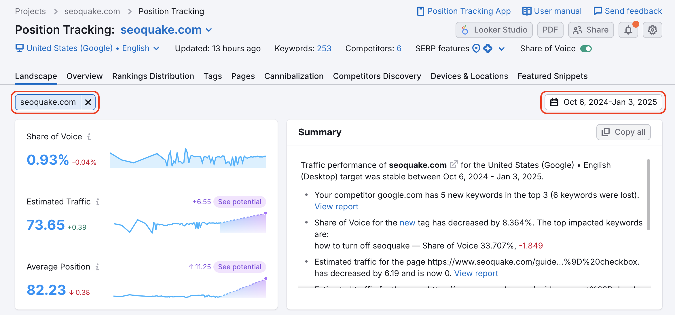 Position Tracking Landscape report with the domain picker and date range picker highlighted. 