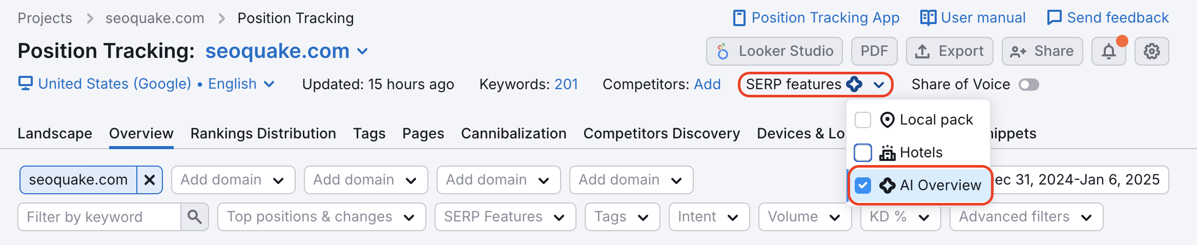 The SERP Features filter at the top of the report and the AI Overview in the drop-down are highlighted.  