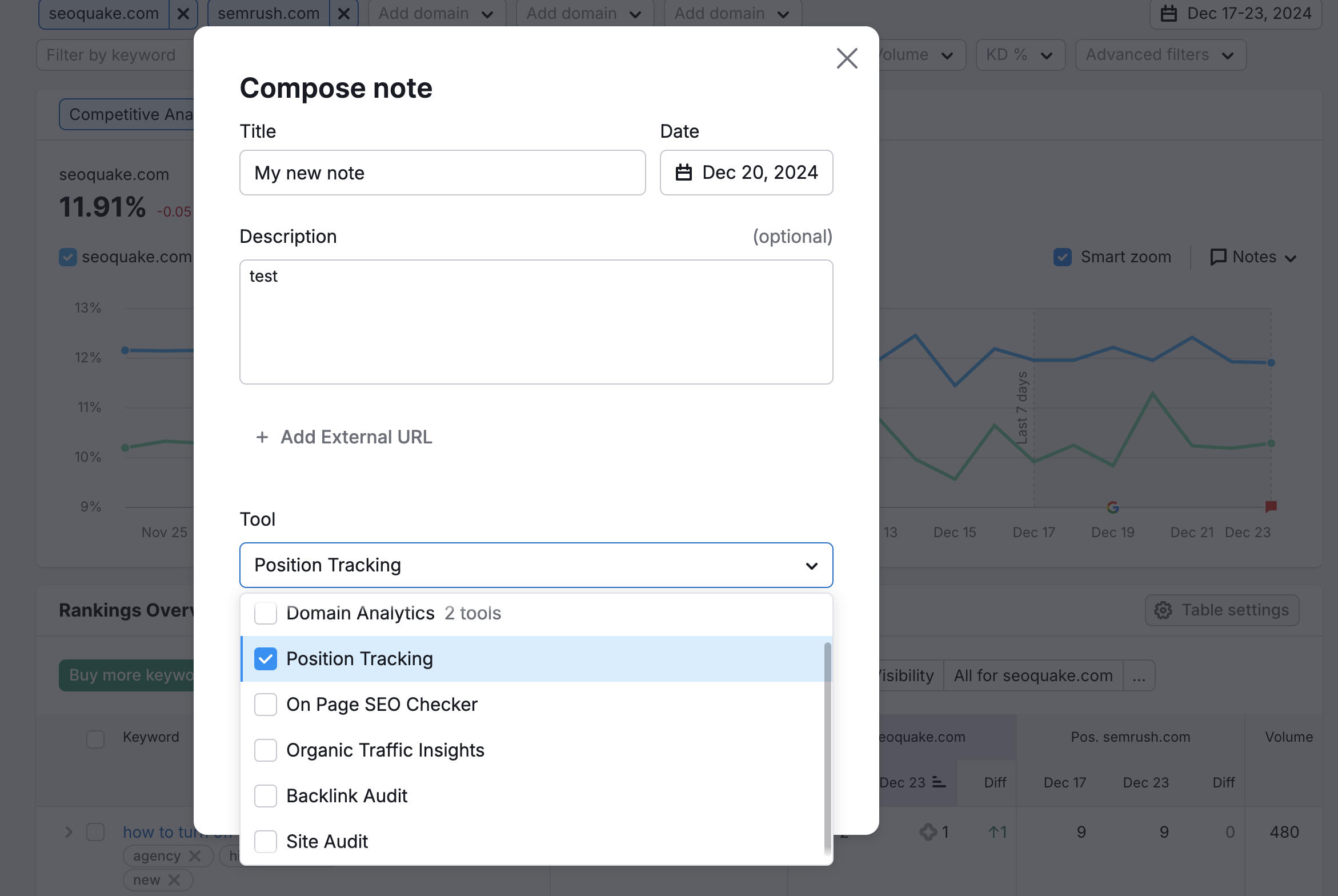 Fenster „Notiz hinzufügen“. Die folgenden Felder sind verfügbar: Titel, Datum, Beschreibung und Tool. Die Tool-Option zeigt die Liste der verfügbaren Projekt-Tools zur Auswahl, zum Beispiel Position Tracking, Backlink Audit oder Site Audit.