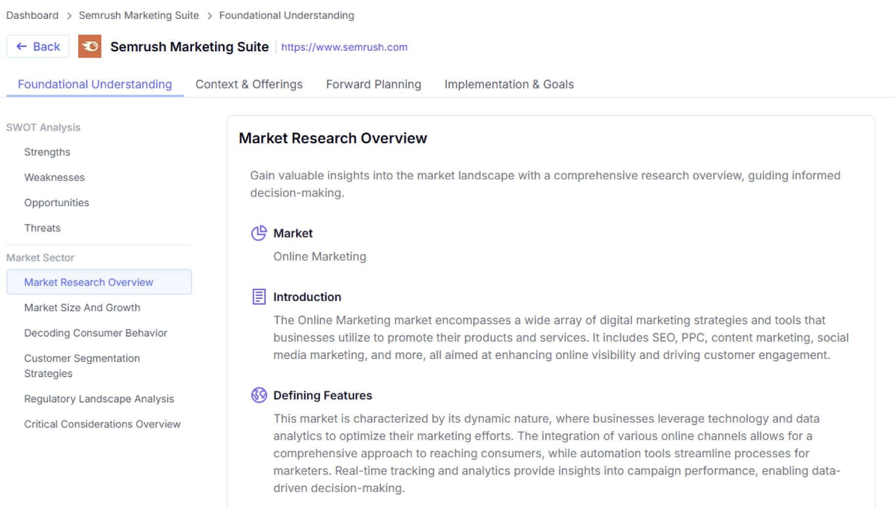 The ‘Market Sector’ section of the ‘Foundational Understanding’ tab in AI Strategic Market Insights.