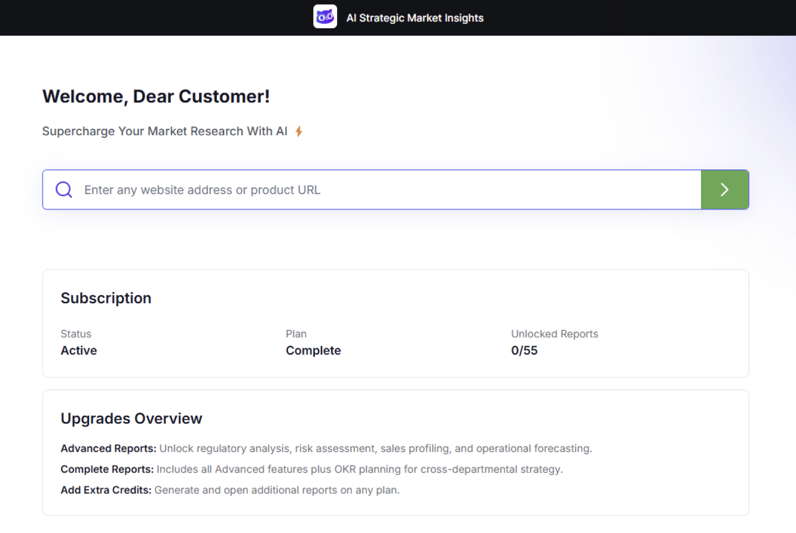 The Dashboard and search bar in AI Strategic Market Insights.