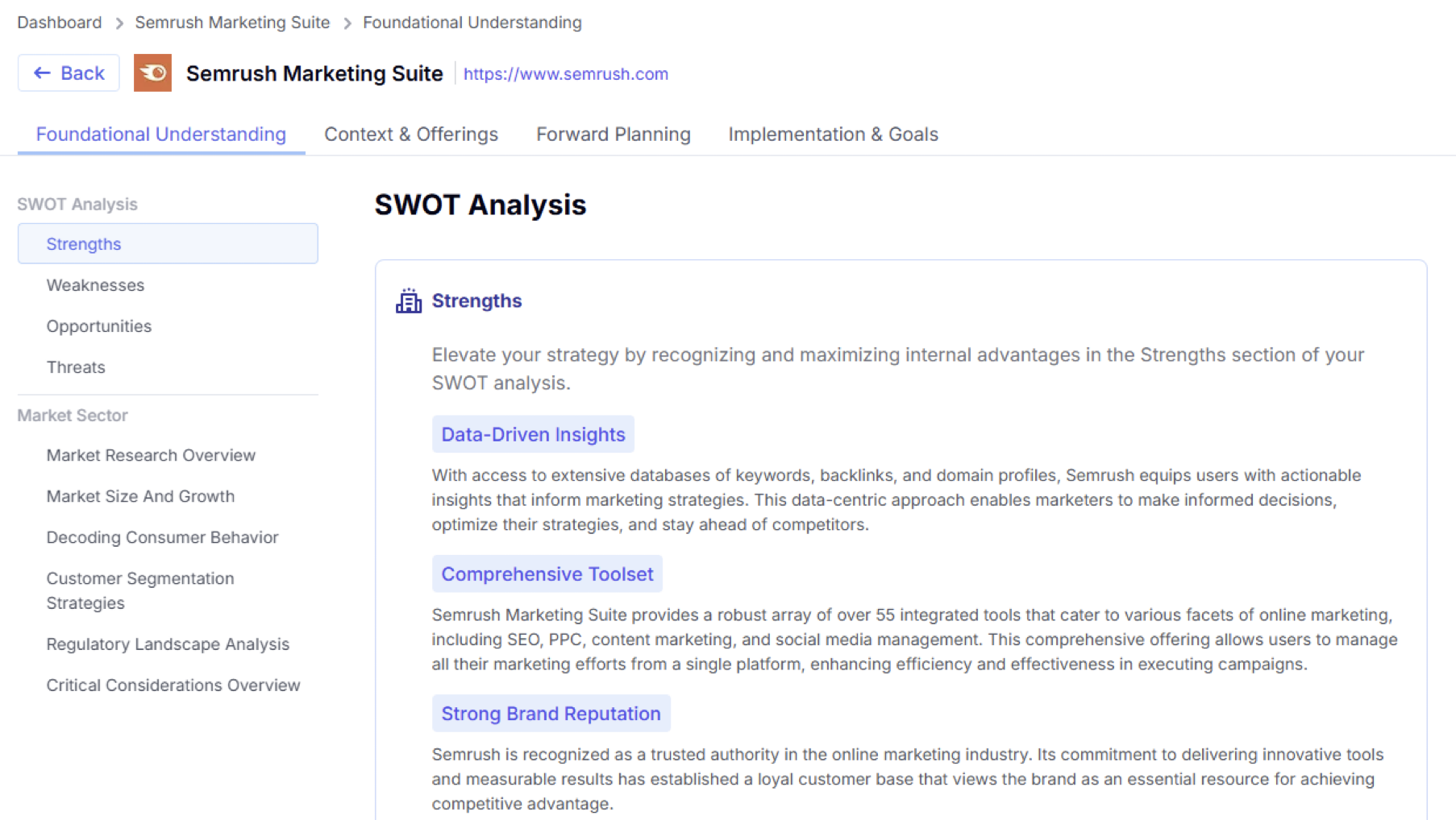 The ‘SWOT Analysis’ section of the ‘Foundational Understanding’ tab in AI Strategic Market Insights.