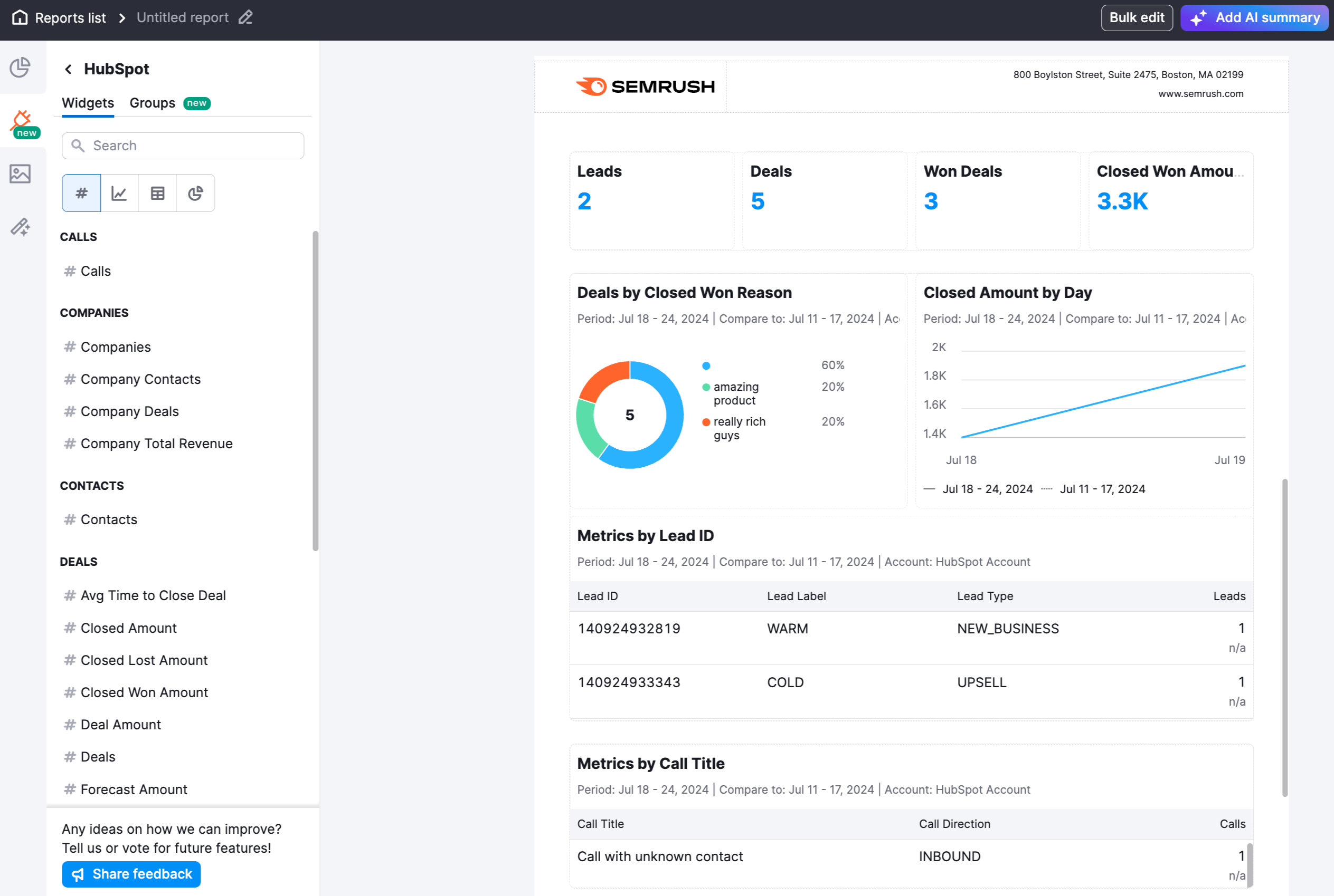 Overview of available widgets for the HubSpot integration, including lead generation, email engagement, deal progress, and conversion rates.