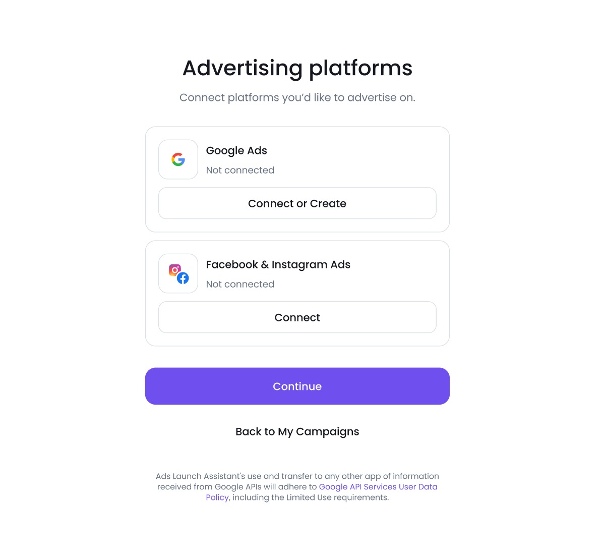 Interface displaying two options to connect: Google Ads or Facebook & Instagram Ads.