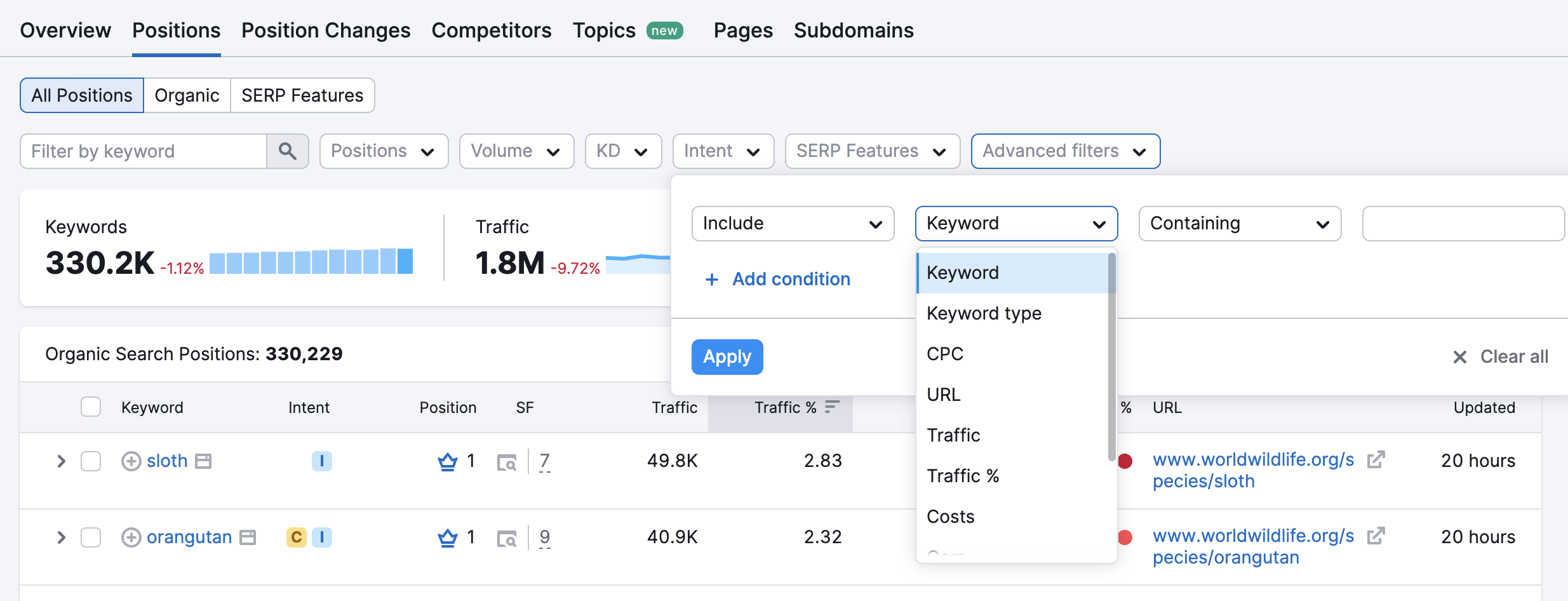 Example of the advanced filters options. 