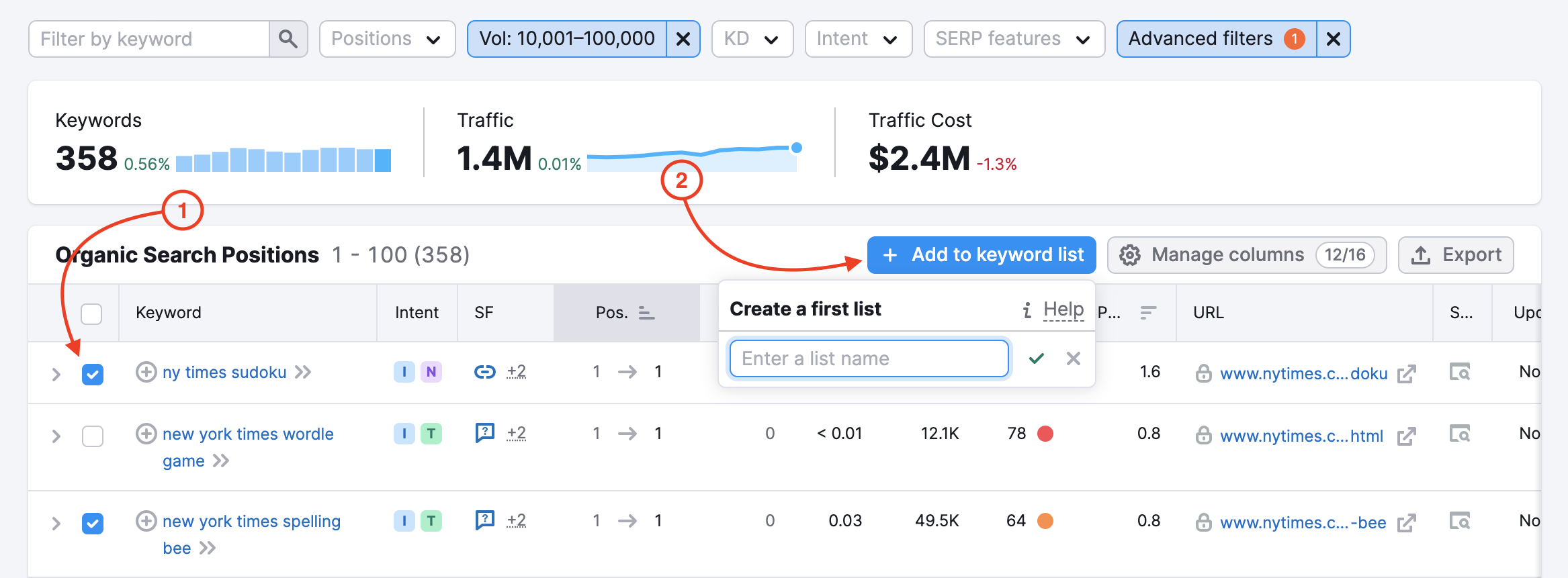 Organic Research tool. The first red arrow points to the selected checkbox to the left of the keyword. The second red arrow point to the "add to keyword list" button at the top of the keyword table. 