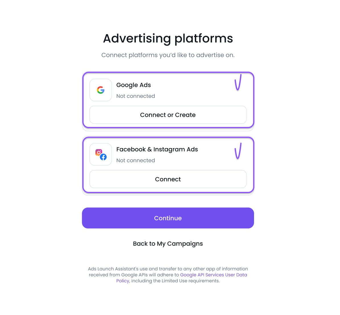 Starting page for selecting Google Ads, Facebook & Instagram Ads, or both.