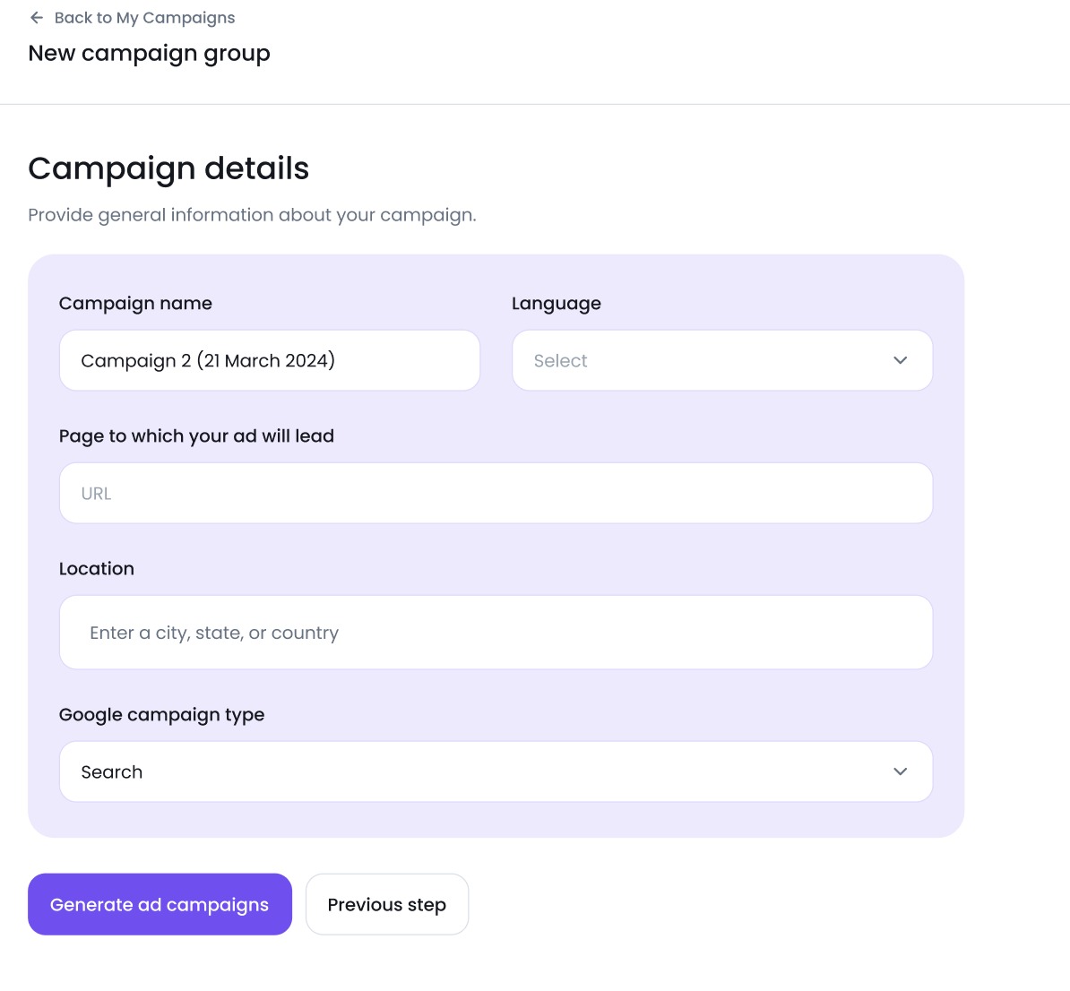 Campaign details setup including campaign name, language, URL, location and Google campaign type,