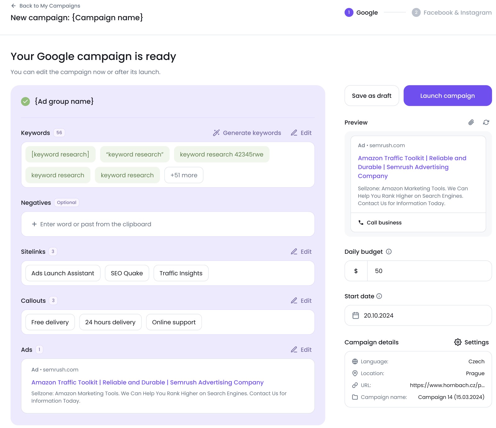 Landing page displaying a ready Google campaign with top-performing keywords (including negative ones) tailored to business needs, along with ad copy, sitelinks, and callouts.