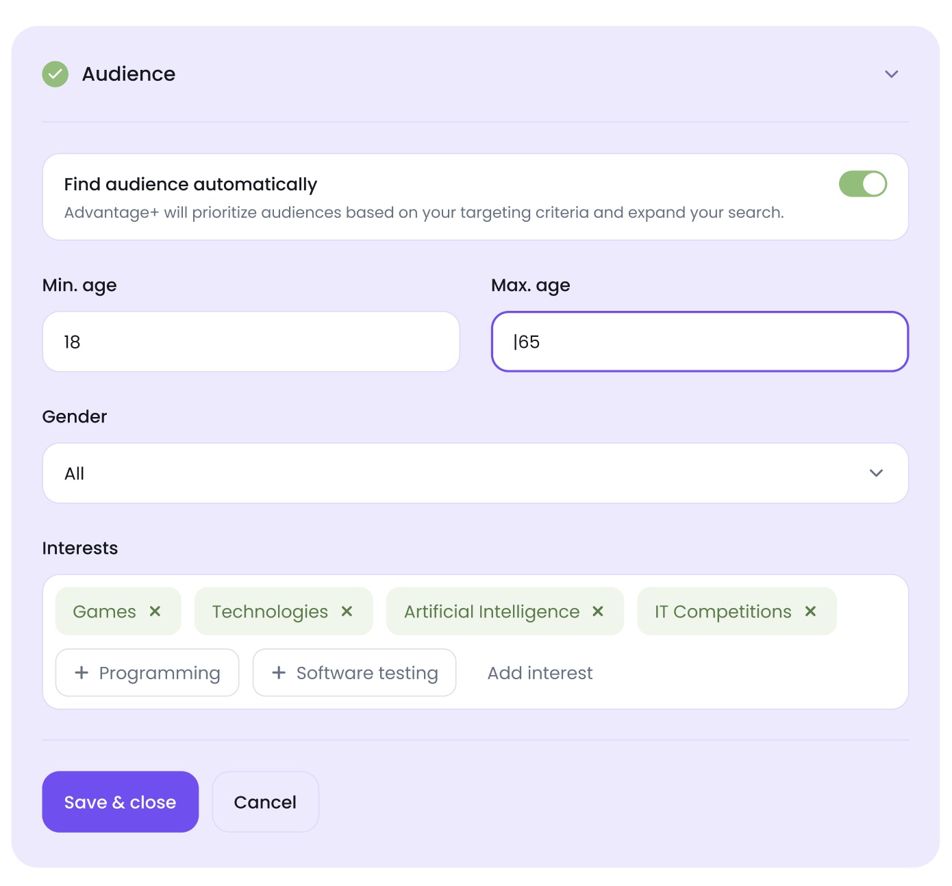Example of audience targeting with pre-filled AI suggestions, including minimum and maximum age, gender, and interests.
