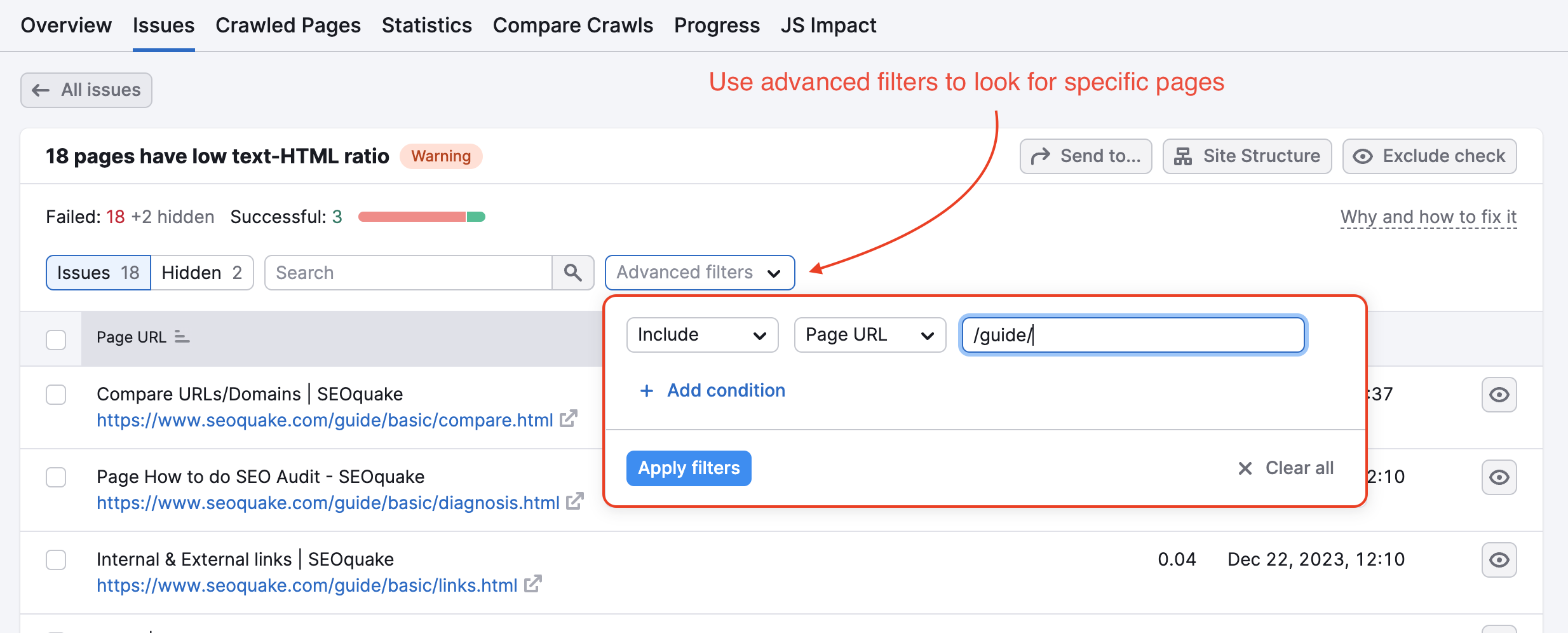 An arrow points to the Advanced Filters button. The open Advanced Filters window displays filtering options, such as including a specific URL.