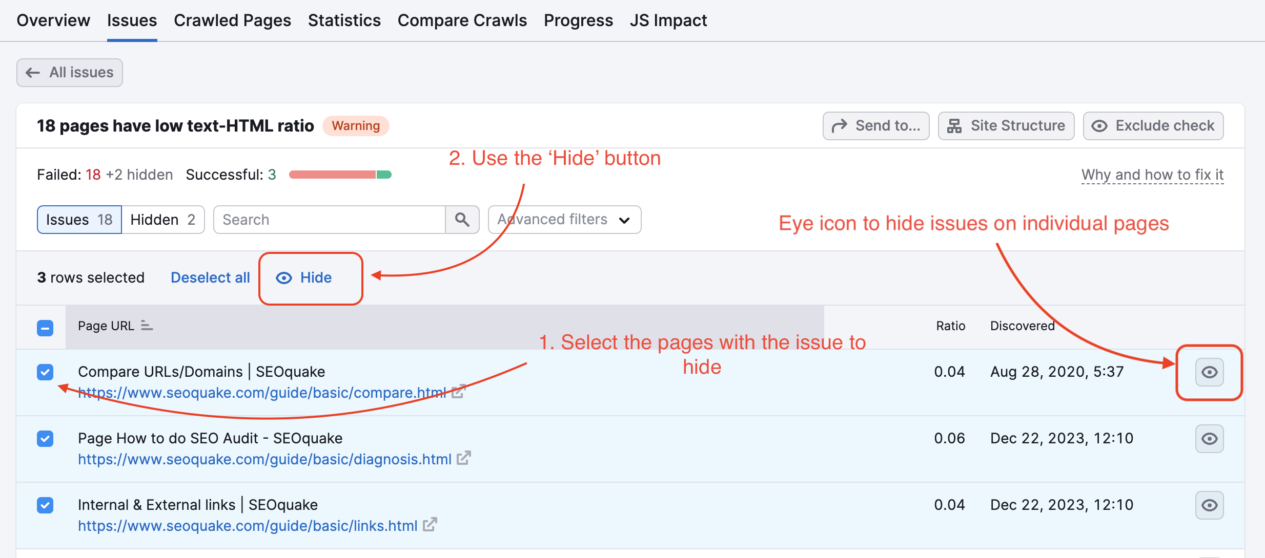 List of URLs with an issue, featuring a highlighted eye icon to hide an issue on individual pages and a 'Hide' button to hide multiple pages at once.