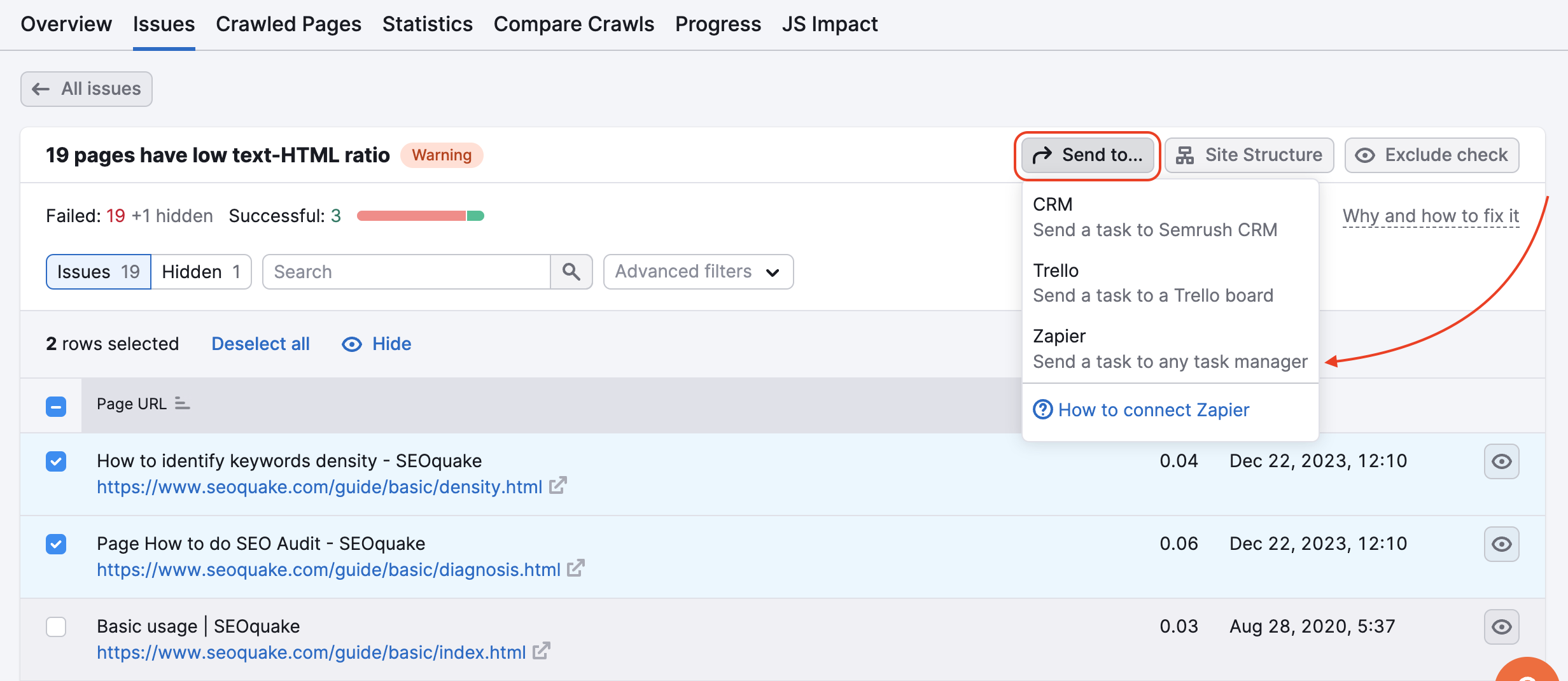 Site Audit issues report showing how to send a task to Zapier – click 'Send to' and select Zapier.