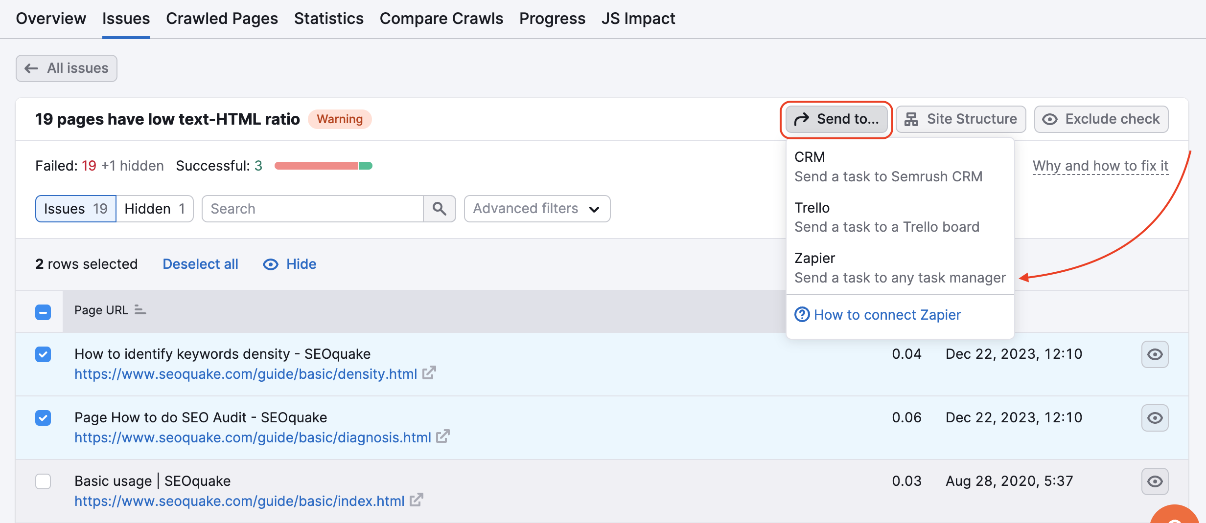 Site Audit issues report showing how to send a task to Zapier – click "Send to" and select Zapier.