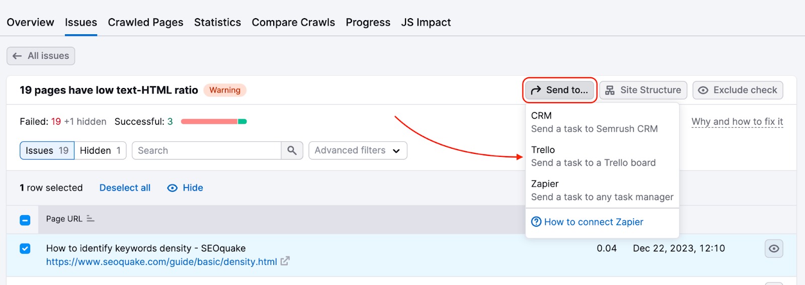 The 'Send to' button is highlighted and expanded, showing options to send an issue to Trello, CRM, and Zapier.