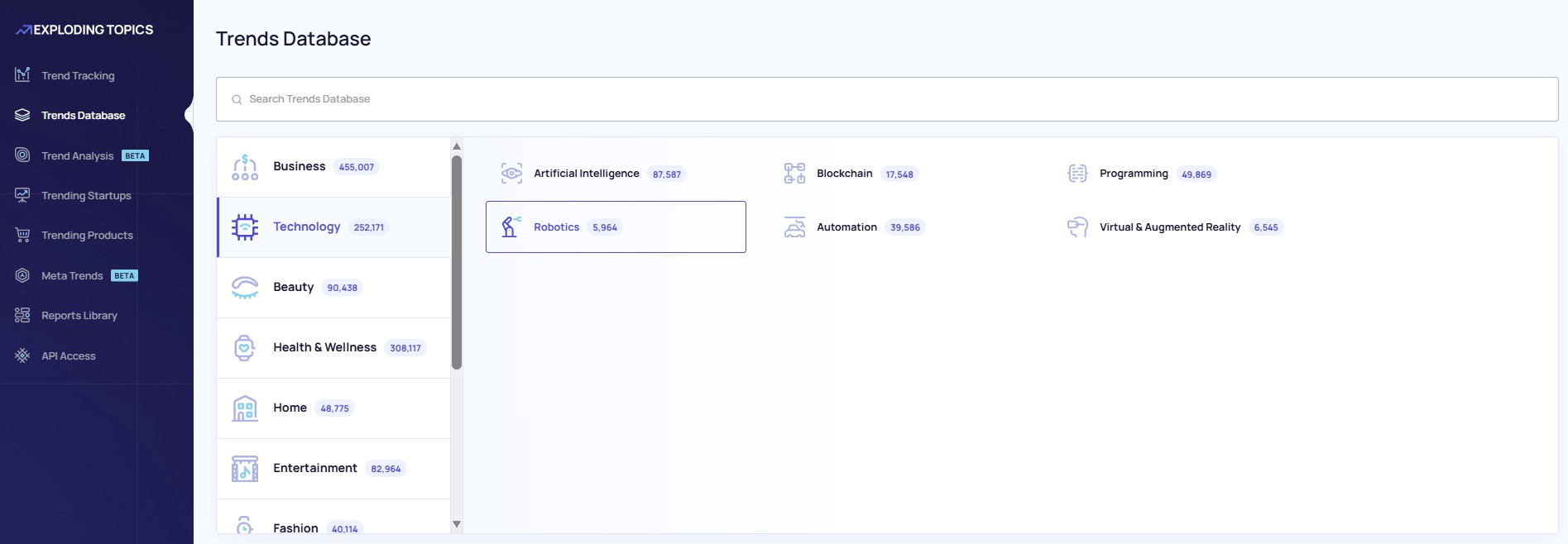 Finding topics to research in the Trends Database in Exploding Topics.