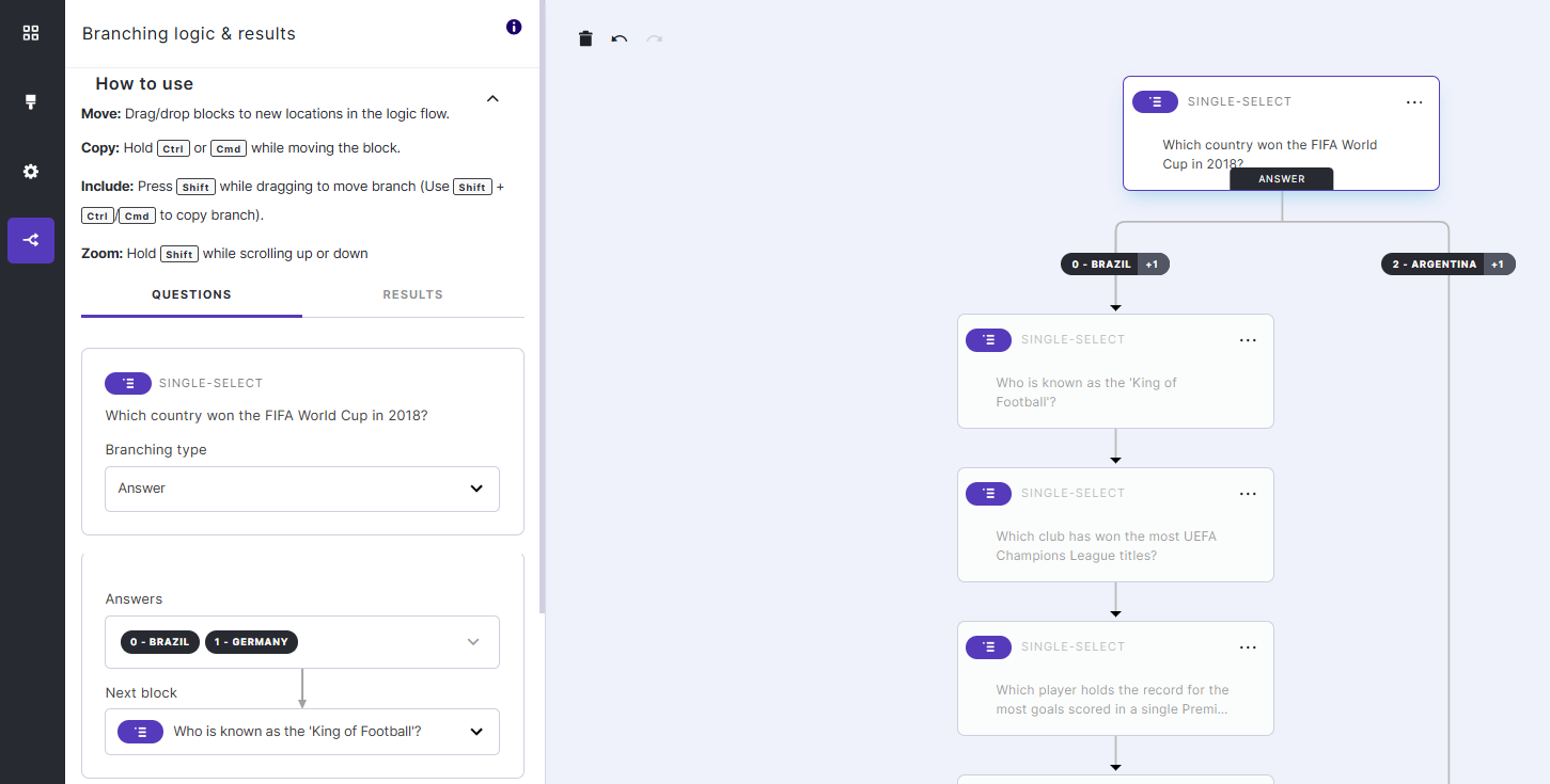 How to change the branching logic and results of a quiz in the Quiz Maker app.