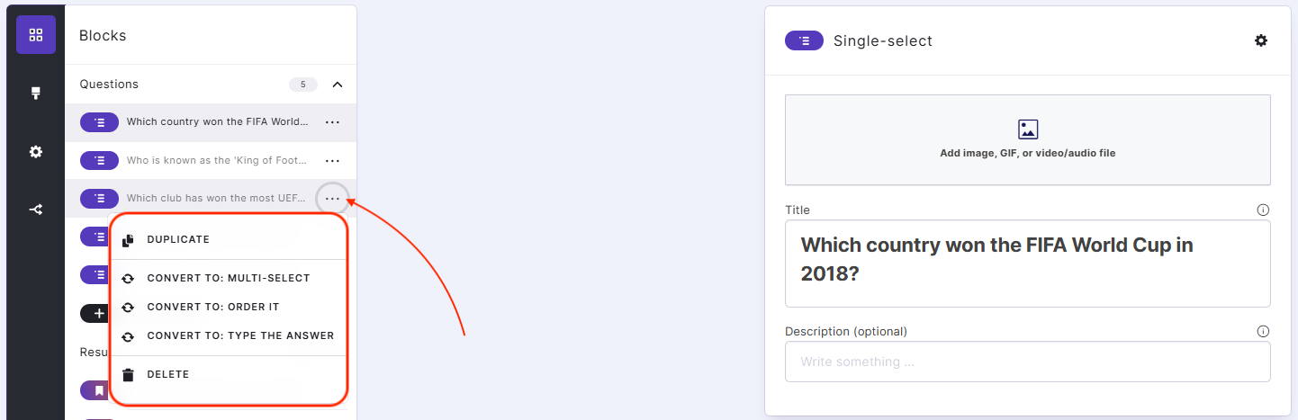 How to duplicate, convert or delete blocks from content in the Quiz Maker app.