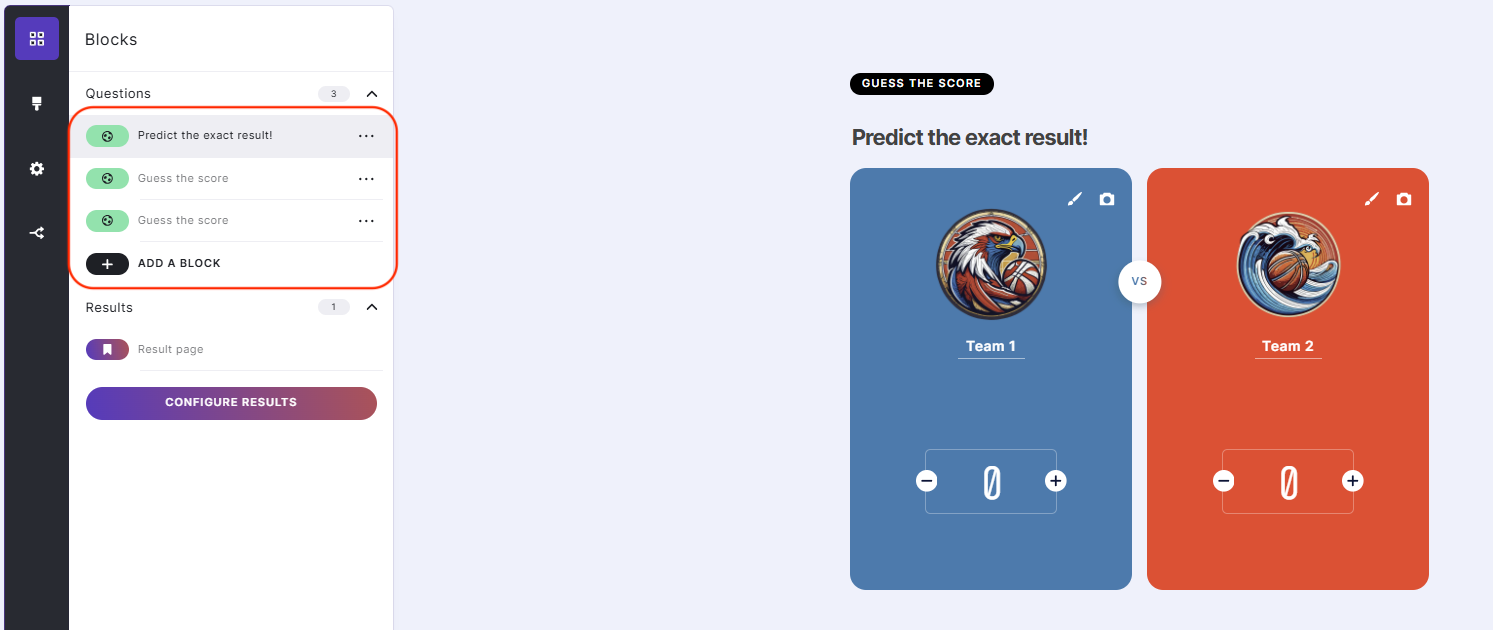 How to add blocks to a prediction game in the Quiz Maker app.