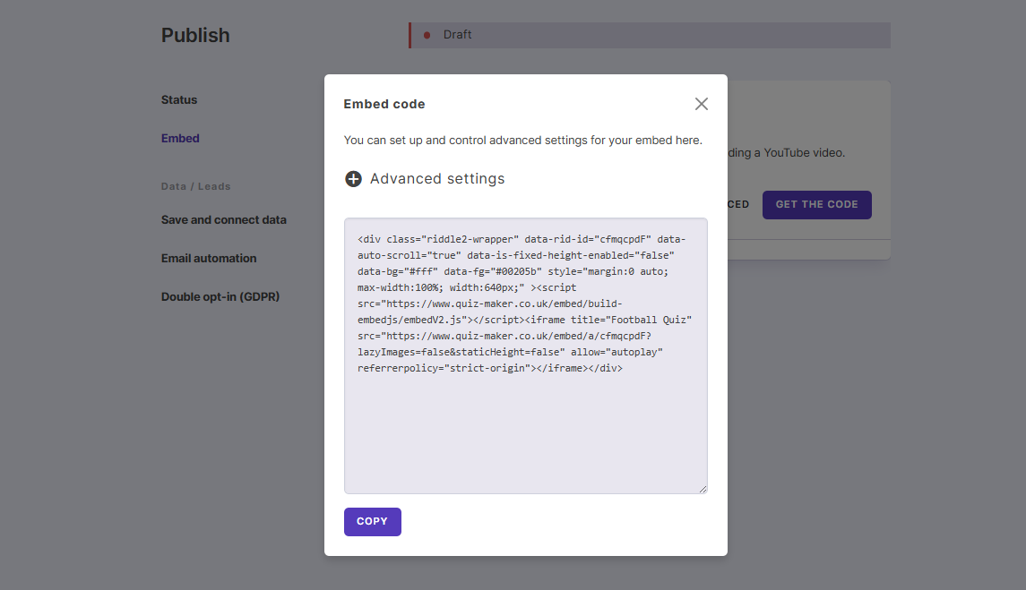 How to locate the embed code for a piece of content in the Quiz Maker app.