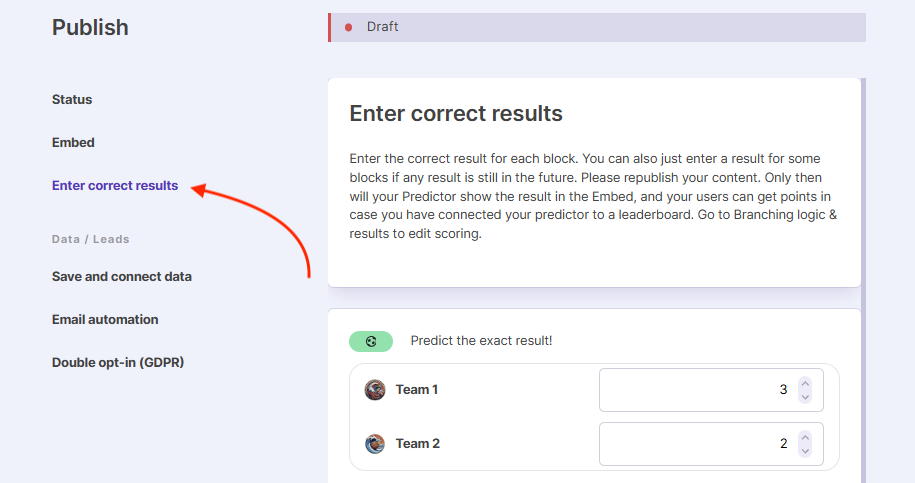 How to enter the correct results in a prediction game in the Quiz Maker app.