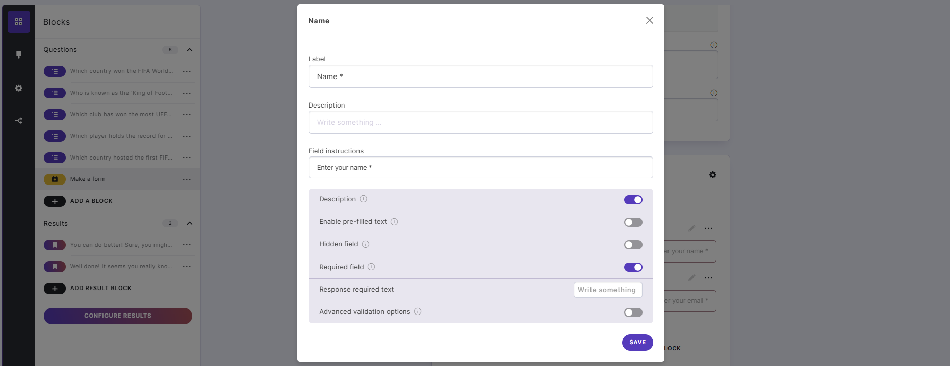 How to edit the settings of a form in the Quiz Maker app.