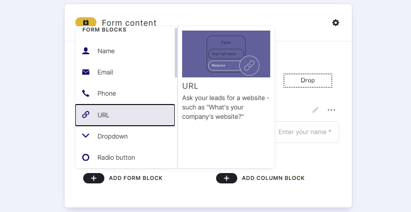 Adding blocks to a form in the Quiz Maker app.