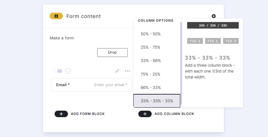 Adding column blocks to a form in the Quiz Maker app.