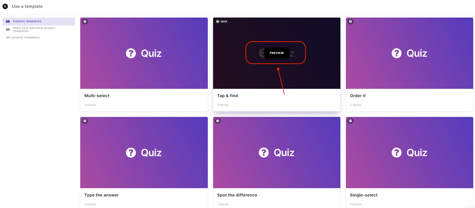 How to preview a quiz template in the Quiz Maker app.