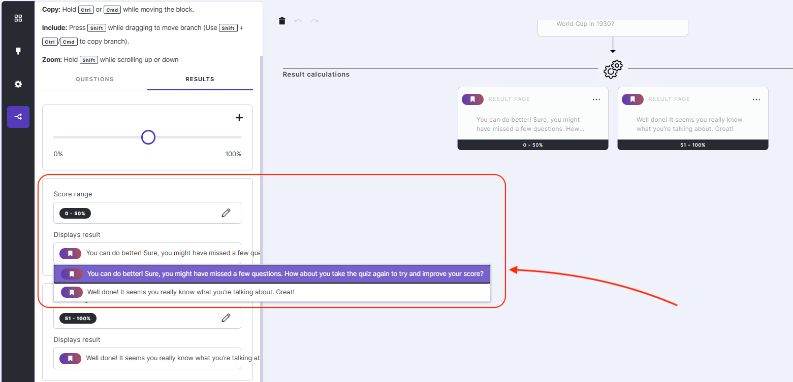 Configuring the results page for a quiz in the Quiz Maker app.