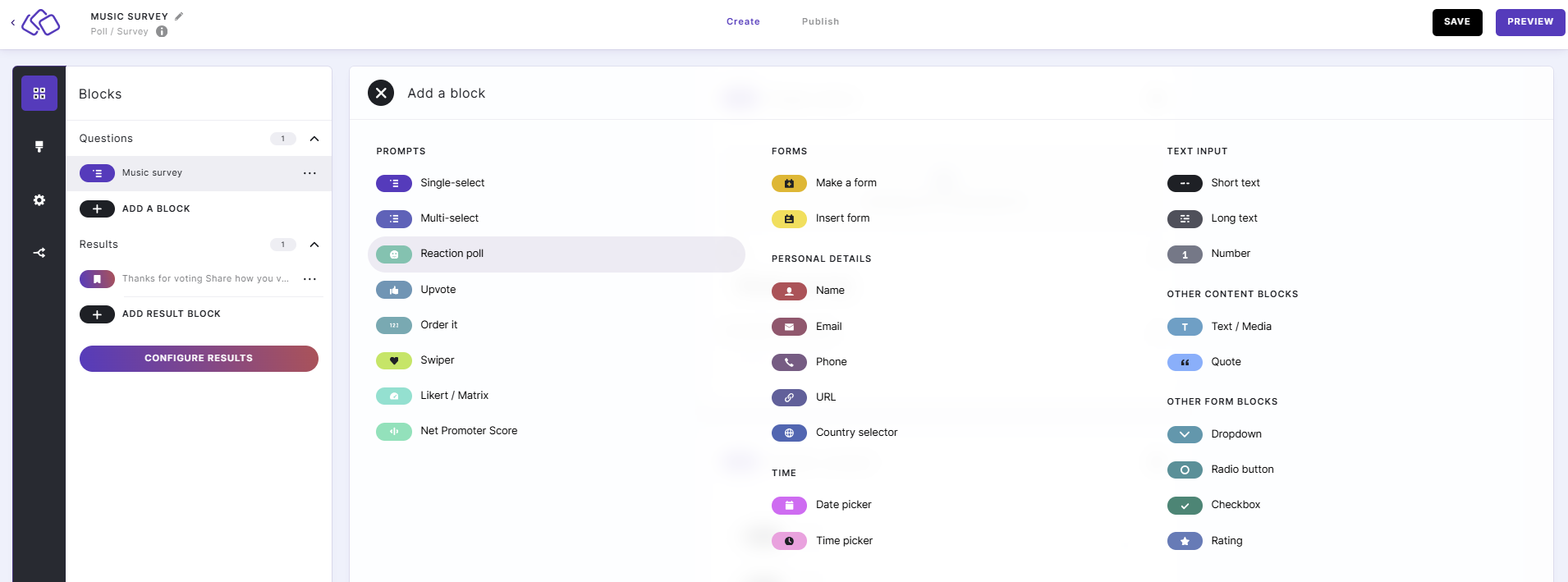 How to add blocks, e.g. Reaction Polls, to content in the Quiz Maker app.