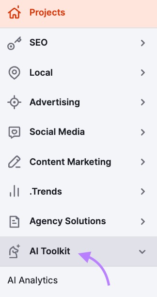 How to access the Semrush AI Toolkit in the left menu