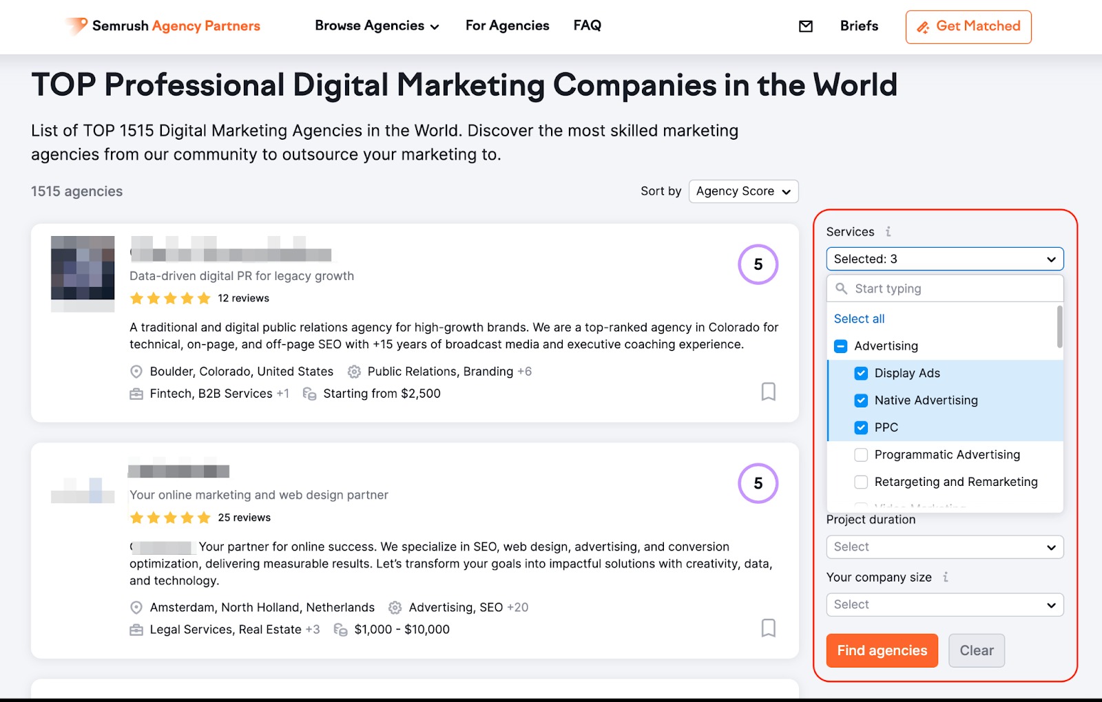 A list of Digital Agencies displayed based on the services selected on the right menu. A drop-down with selected SEO services is highlighted with a red rectangle. 