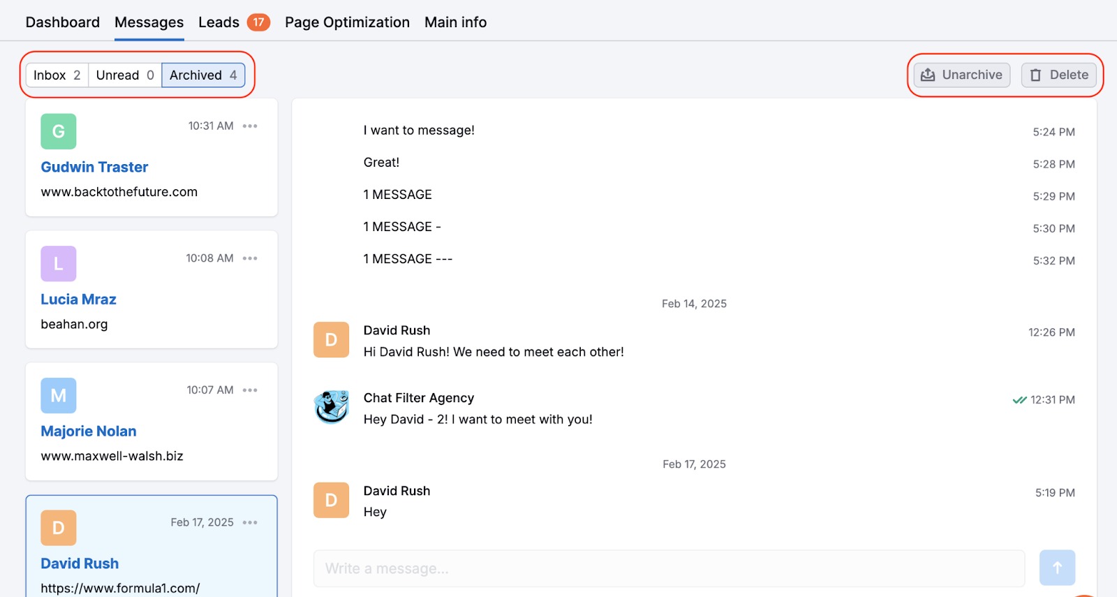 Messages tab with the Unarchive and Delete buttons highlighted in the top-right corner, along with three highlighted folders for Inbox, Unread, and Archived messages.