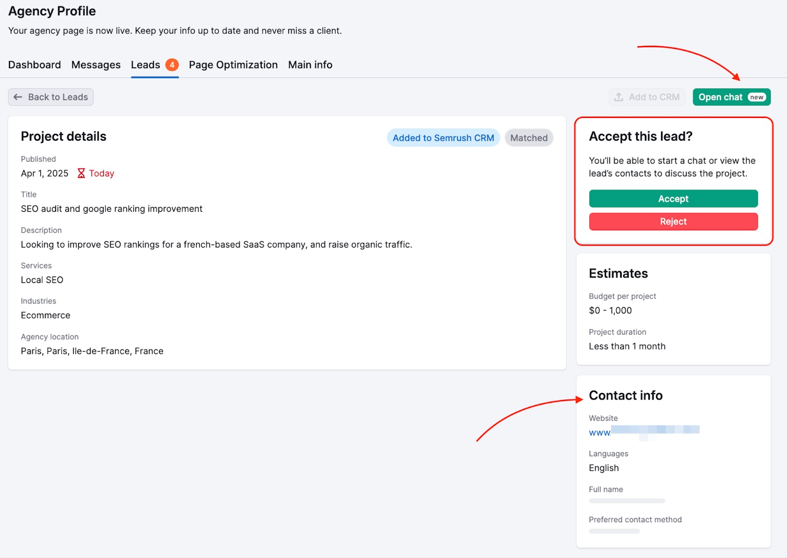 Lead page open with the widget highlighted to accept or reject the lead. Two arrows are visible: one pointing to the Open Chat button and the other pointing to the contact information section.
