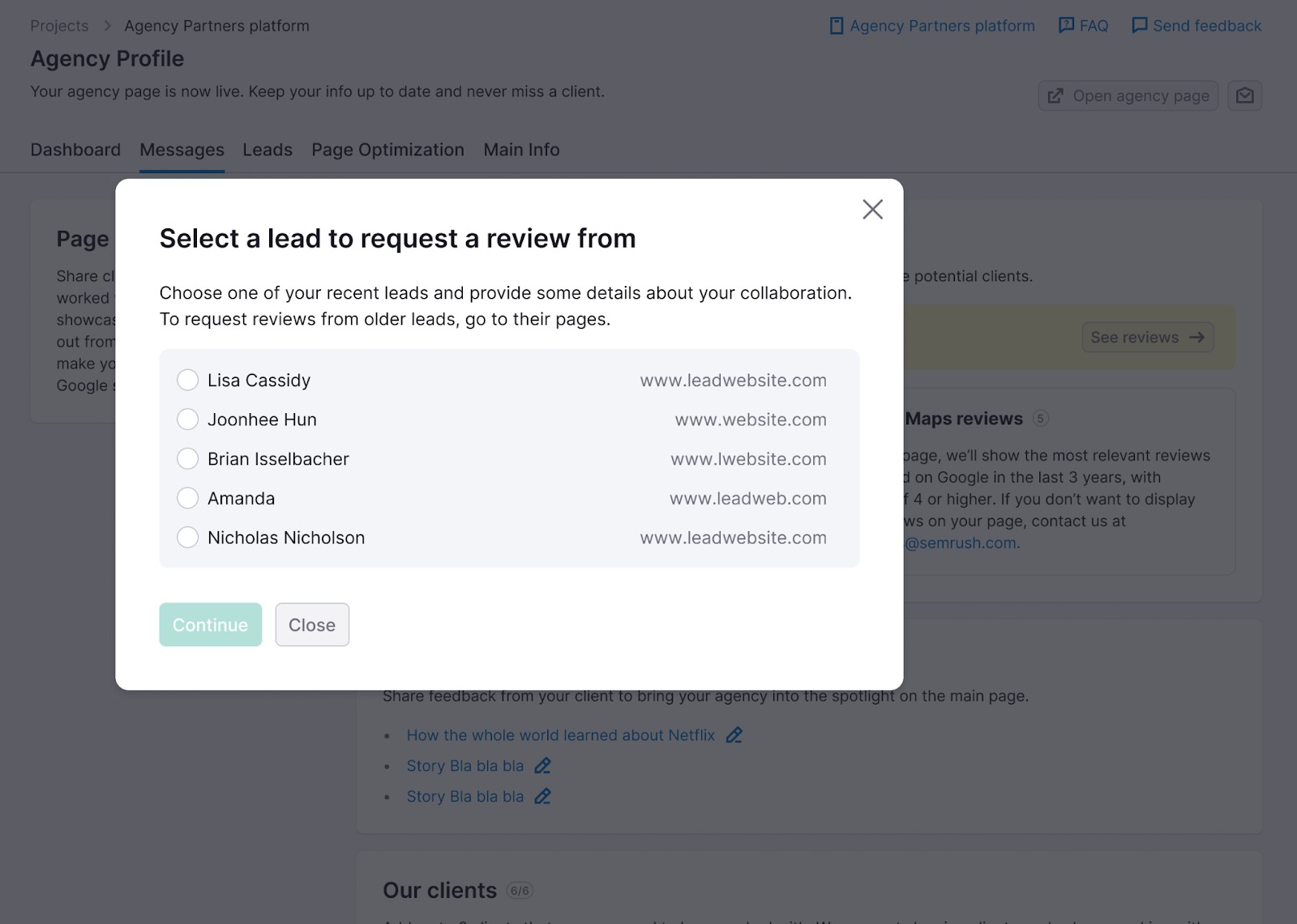 Pop-up window prompting the user to select a lead to request a review from.