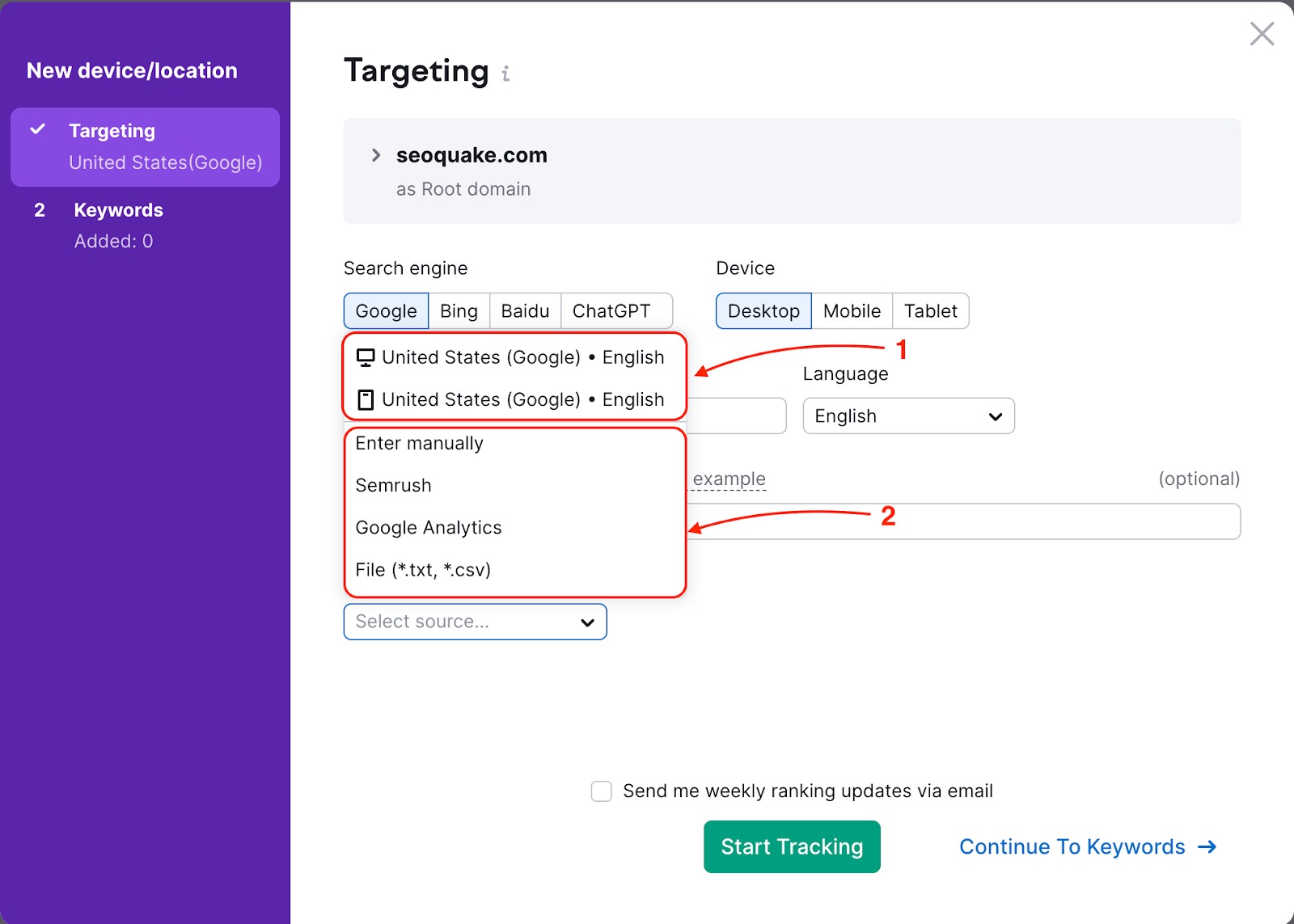 Position Tracking tool configuration wizard showing options to import keywords from another campaign, or add keywords from a file, Google Analytics, and Semrush.