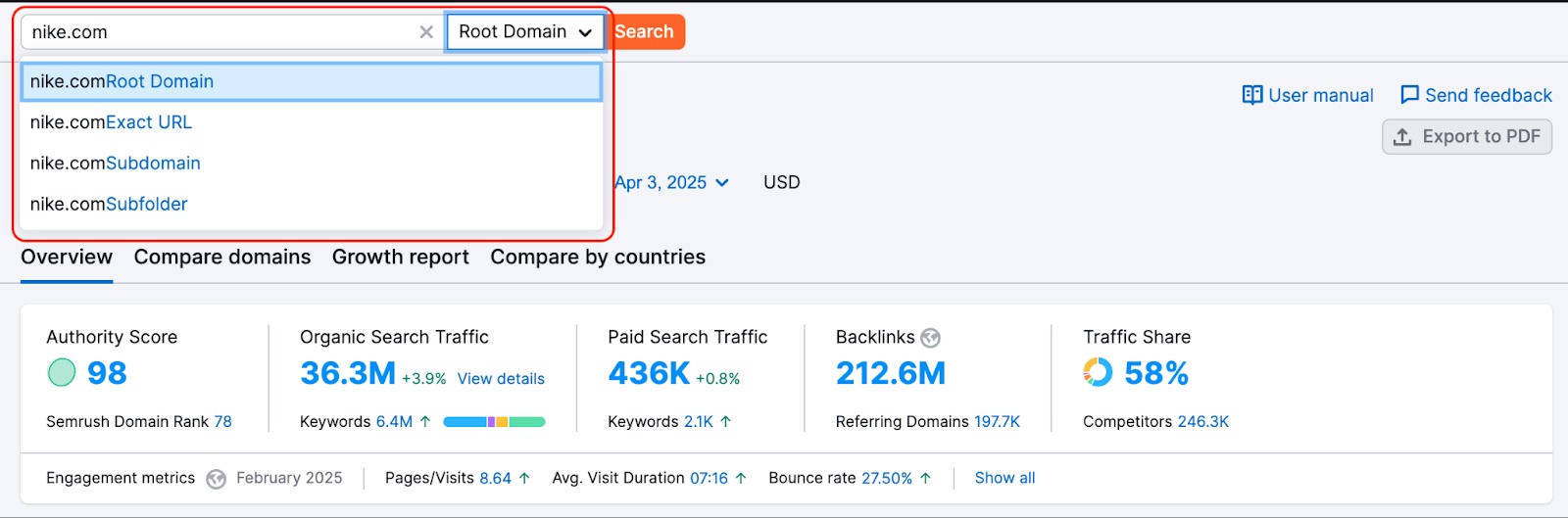 After entering a website into a search bar, open the dropdown menu via the arrow icon on the right. The list of available options (root domain, exact URL, subdomain, subfolder) will be available for selection.