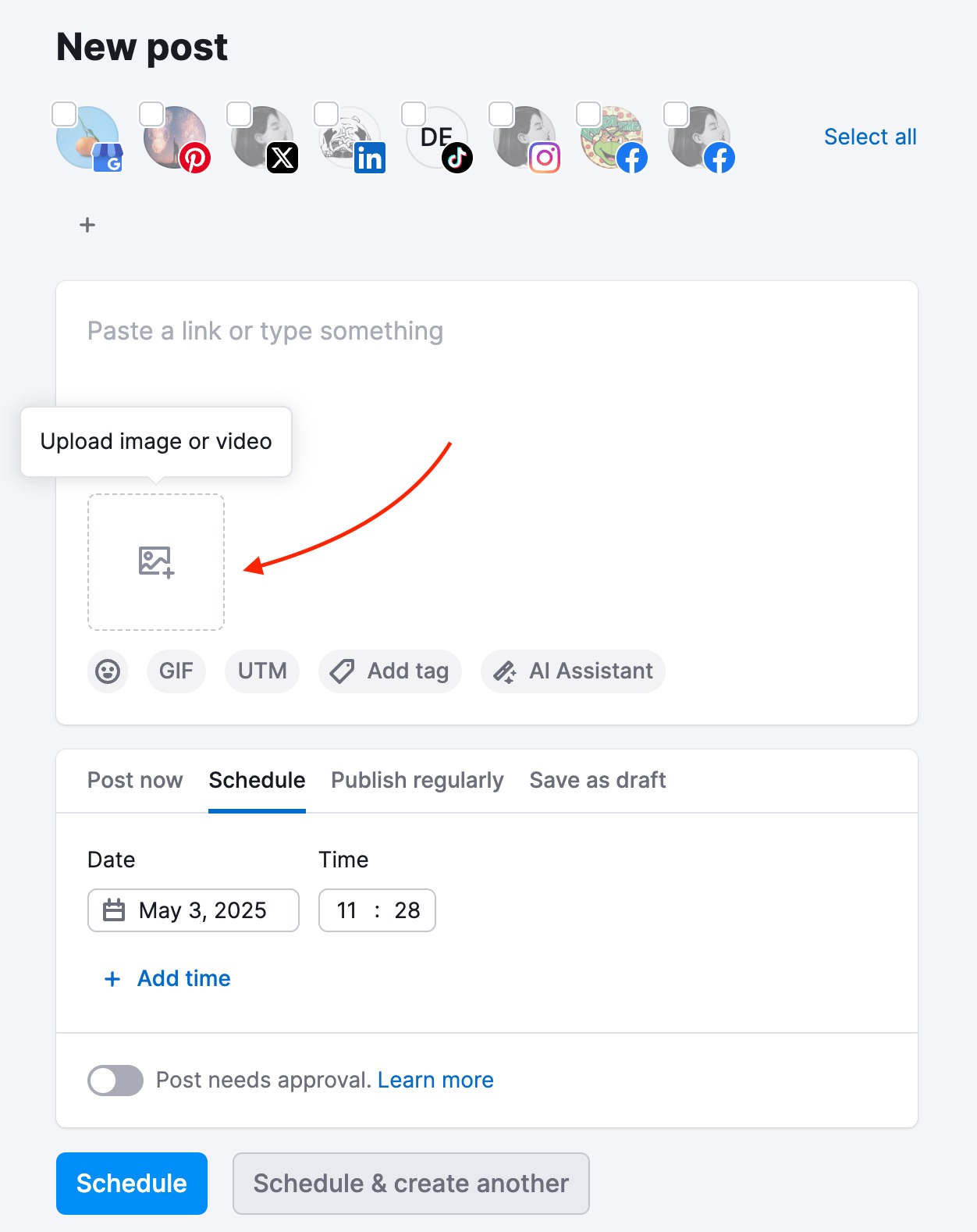 An image box 'Upload image or video' at the bottom of the Post editor.